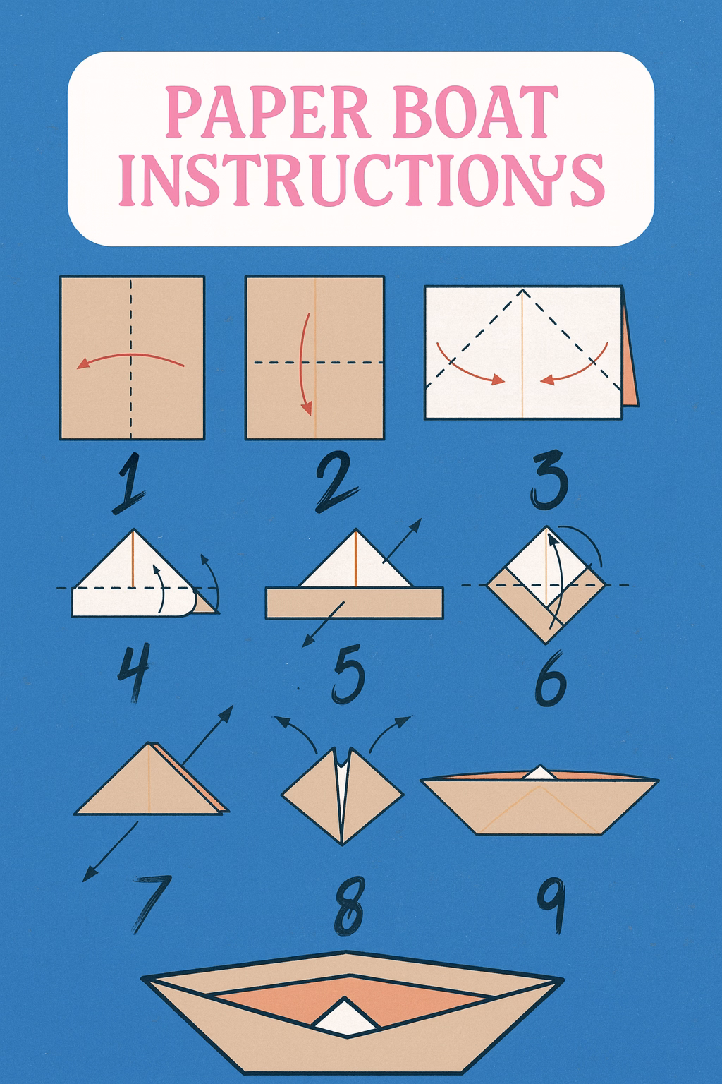 Fold a paper boat 2 Illustrated step-by-step paper boat folding instructions on a blue background, showing nine easy folding stages with arrows