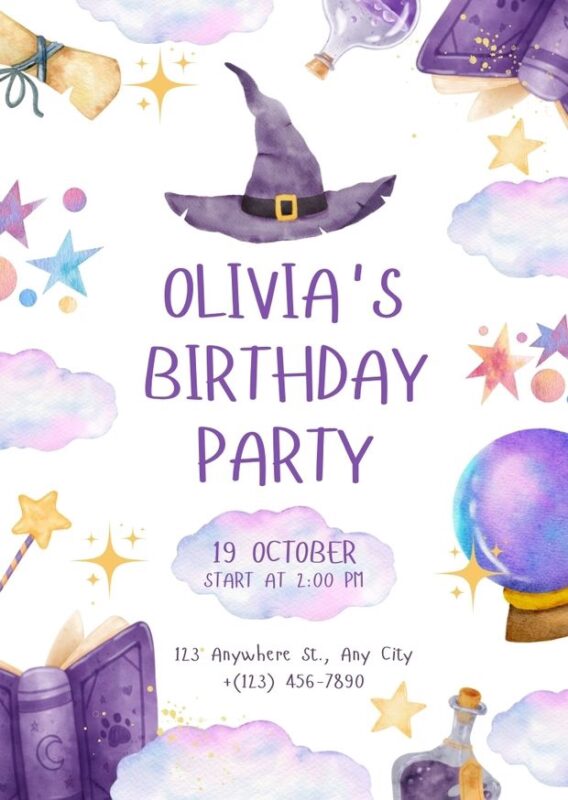 Purple Watercolor Illustrative Magic Birthday Invitation