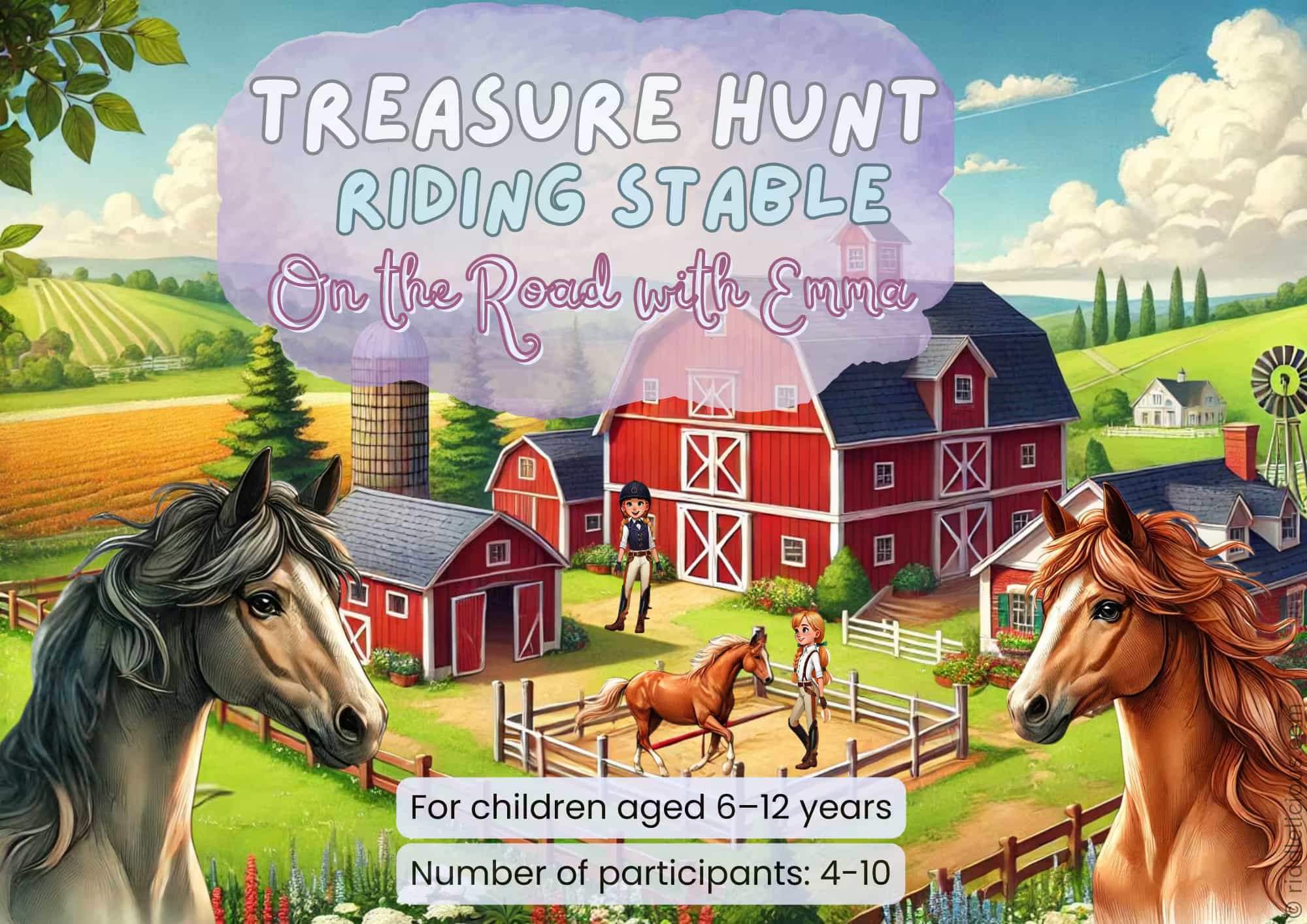 A-Day-with-Emma-at-the-Riding-Stable-–-Treasure-Hunt-Adventure-for-Kids-Ages-6-12 (1)_1769054862738_gm_optimized Horse-themed treasure hunt illustration for kids aged 6–12, showing a playful riding-stable scene with horses, children, and colorful stable decorations.