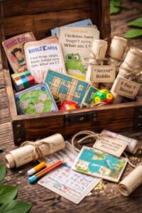 Fill the treasure chest – 10 creative ideas for... 3 Open treasure chest filled with mini riddle cards, small puzzles and kids scavenger hunt party favors on wooden background