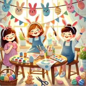 Children crafting Easter decorations, watercolor illustration with bunny cutouts, painted eggs, and garlands