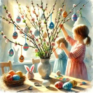 Children decorating an Easter branch with painted eggs and handmade ornaments, watercolor illustration