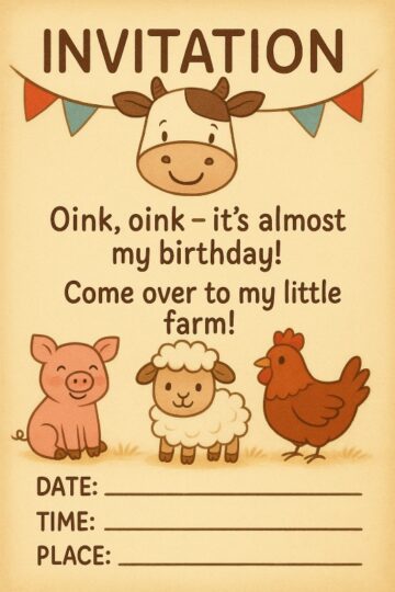 "Cute farm birthday invitation with cow, pig, sheep and chicken in watercolor style for a kids barnyard party."