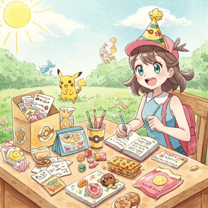 Watercolor-style illustration of a young Pokémon trainer crafting colorful Pokémon party invitations.
