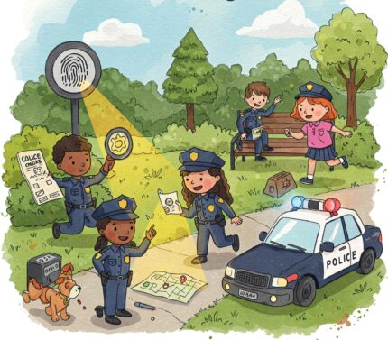 Kids police scavenger hunt illustration, watercolor style, children in uniforms, detective adventure scene