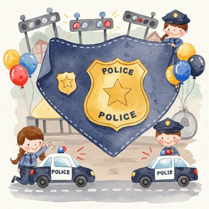 Police scavenger hunt invitation for kids, watercolor style, badge, kids in uniform, balloons, blue theme