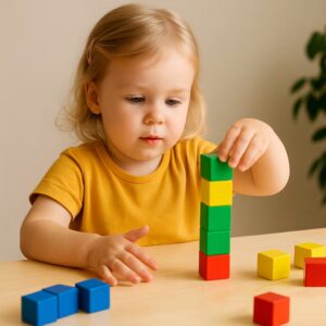 A little girl carefully stacking colorful wooden blocks in red, yellow, green, and blue on a table.
