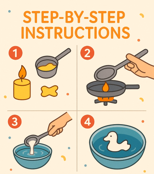 “Step-by-step wax pouring instructions for kids with four illustrated panels showing melting wax, heating it, pouring into water, and the final wax shape.”
