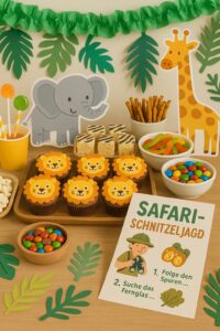 Safari birthday table with animal-themed muffins, snacks, jungle décor and a scavenger hunt task sheet