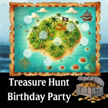 Colorful pirate island treasure map for a kids’ birthday scavenger hunt with palm trees, hidden treasure chest, pirate flag, and dotted clue path