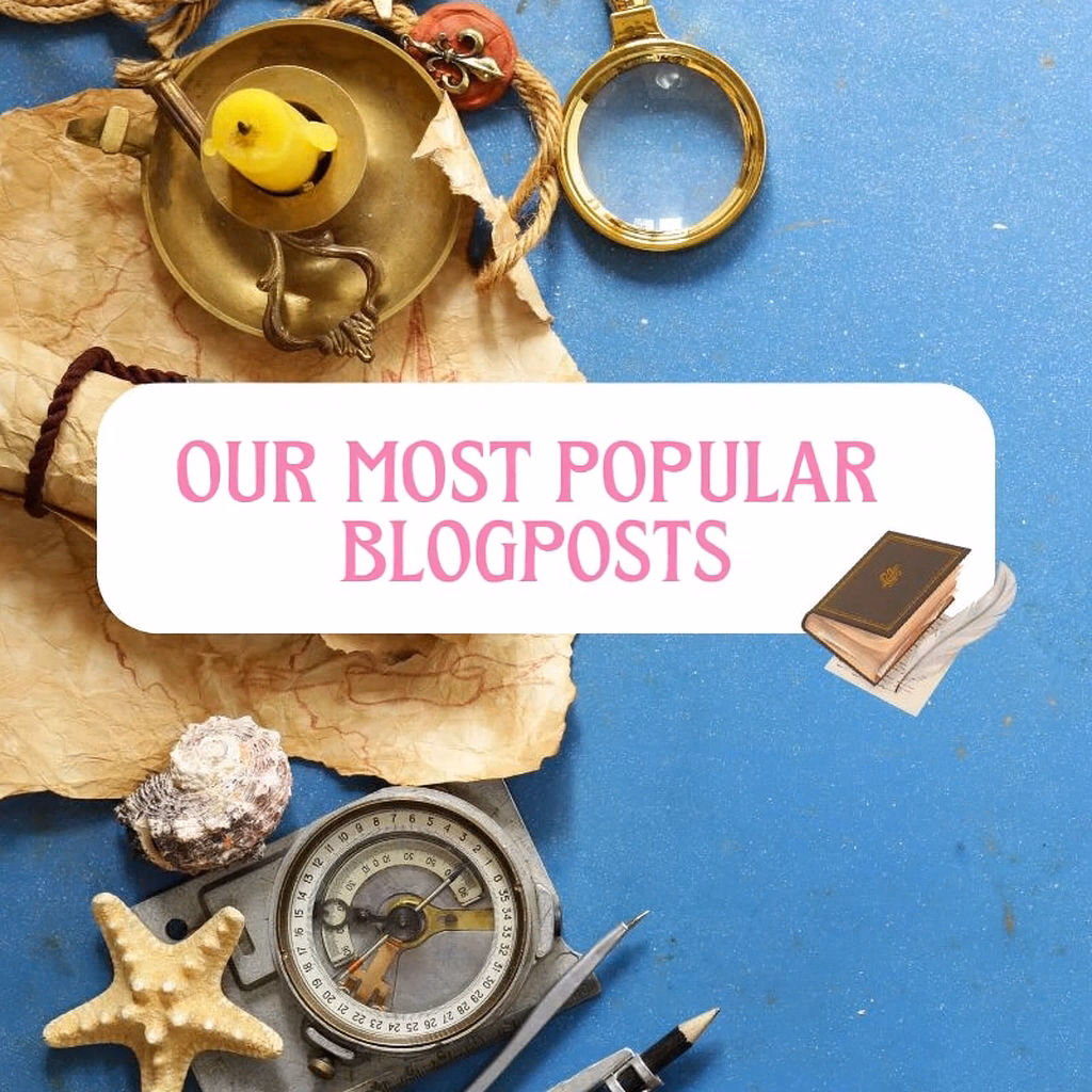 Our Most Popular Blogposts – Treasure Hunt Theme Flat lay with treasure map, compass, magnifying glass and label reading ‘Our Most Popular Blogposts’ in a playful adventure style