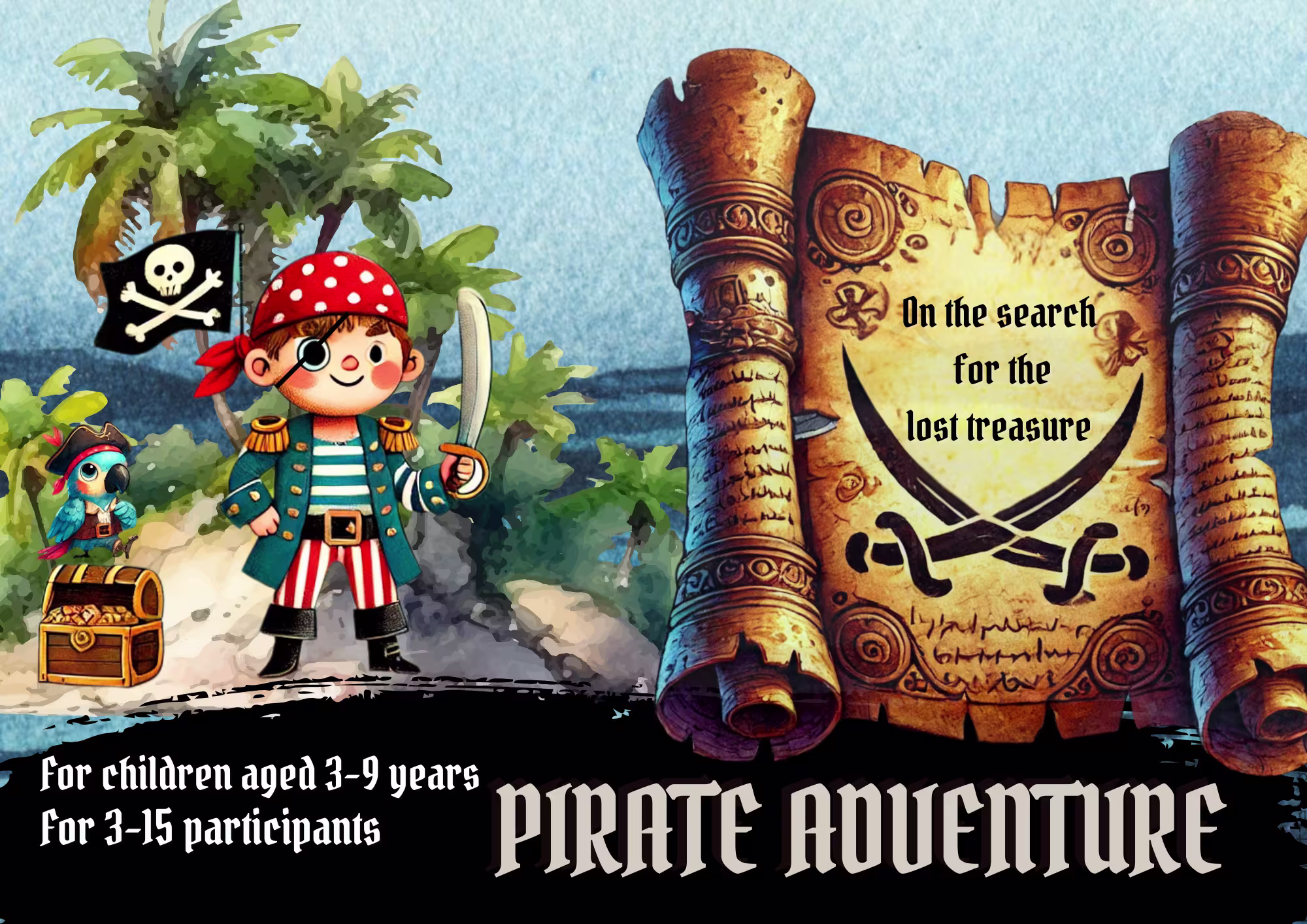 Pirate Adventure Scavenger Hunt for Kids — Printable Treasure Hunt Ages 3–9 Illustrated pirate adventure title image showing a cheerful child pirate with a sword, a parrot, a treasure chest, and a pirate flag on a tropical island. A weathered treasure map with crossed sabers reads “On the search for the lost treasure.” Designed for a children’s pirate scavenger hunt (ages 3–9) and printable party game.