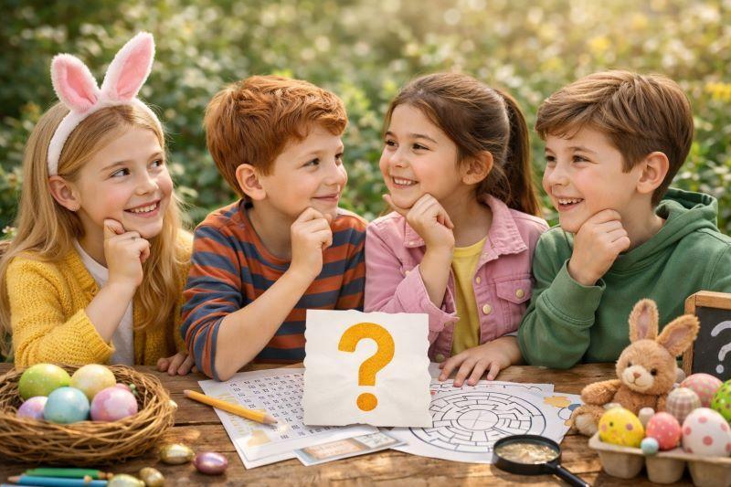 Four cheerful children sitting at a table thinking about a riddle, with Easter decorations, colorful eggs, and puzzle sheets on the table in a sunny garden setting.