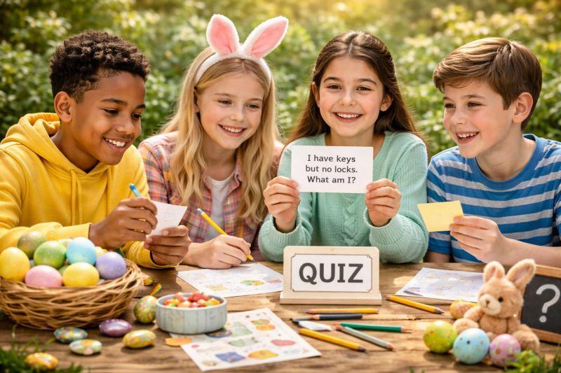 Group of older children sitting at a table in a garden participating in an Easter quiz, holding riddle cards with Easter eggs, puzzle sheets, and decorations on the table.