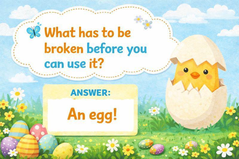 Colorful illustrated Easter riddle for children showing the question “What has to be broken before you can use it?” with a cute chick hatching from an egg, flowers, and decorated Easter eggs in a playful spring scene.