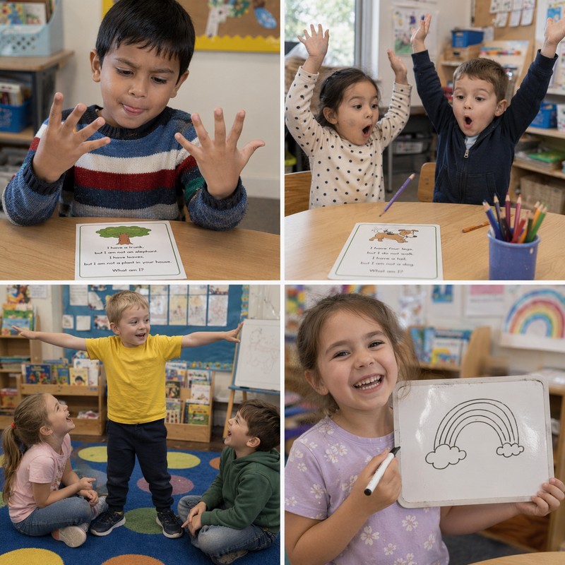 Four-panel photo collage of candid riddle-solving moments with 6-year-olds: top-left a child in a striped jumper counting on all ten spread fingers wh