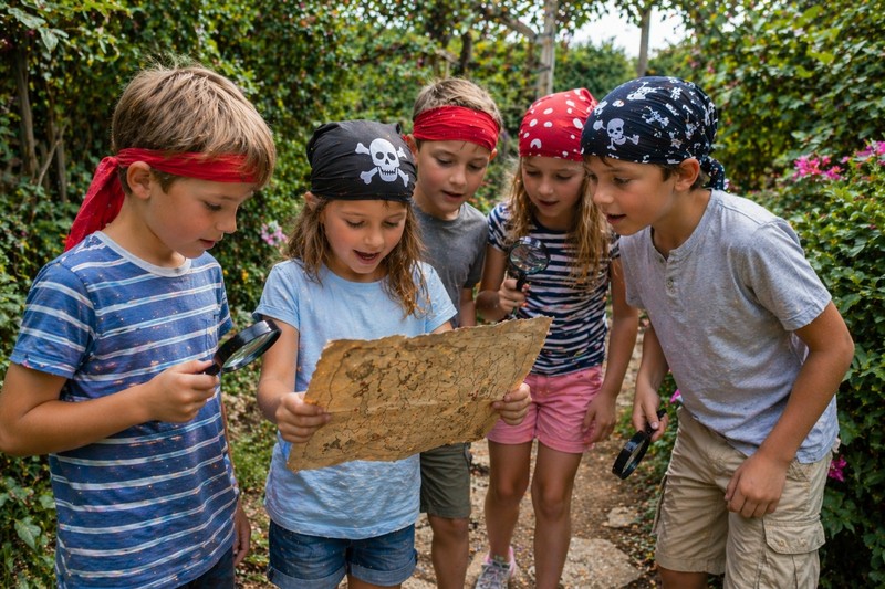Riddles for pirates aged 4–12 years 3 Group of children aged 7-9 following a hand-drawn treasure map through a garden, wearing pirate bandanas and carrying magnifying glasses