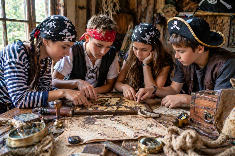 Riddles for pirates aged 4–12 years 12 Older children solving a challenging pirate-themed puzzle at a table with nautical maps, compass, and antique-looking props