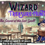 Illustration of young apprentice wizards in an enchanted forest, holding magical wands and following a treasure map during a fantasy-themed scavenger hunt for children.