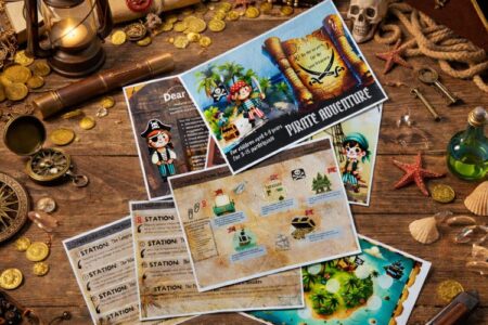 Pirate adventure scavenger hunt printable kit with clue sheets, treasure map, and pirate tasks for children