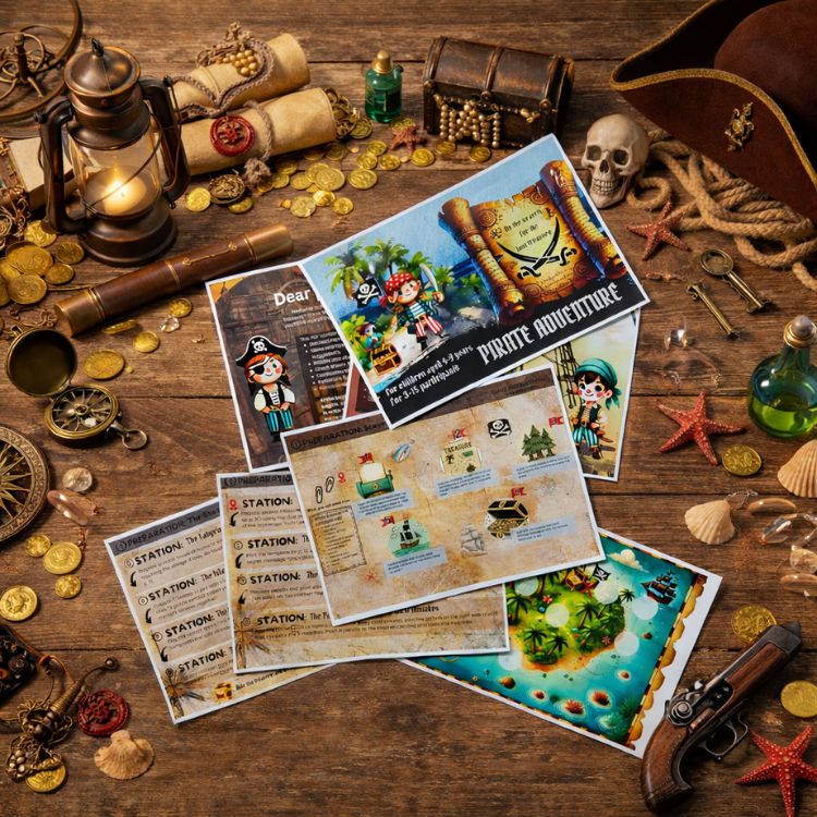Pirate adventure scavenger hunt printable kit with clue sheets, treasure map, and pirate tasks for children