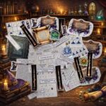 Wizard scavenger hunt riddles, spell cards, wand puzzles, and logic clues arranged together as part of a magical treasure hunt game for children
