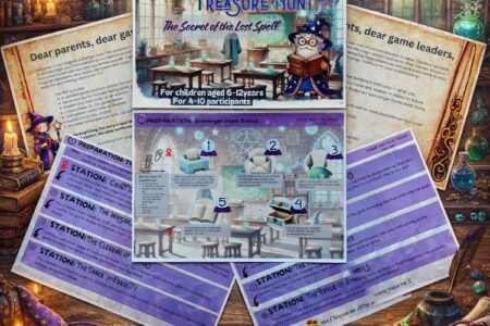 Wizard scavenger hunt printable set for kids with game board, instructions, riddles, invitations, certificates, and magical treasure hunt materials displayed together