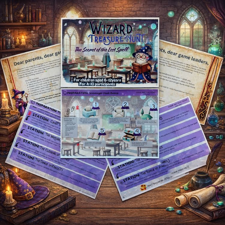 Wizard scavenger hunt printable set for kids with game board, instructions, riddles, invitations, certificates, and magical treasure hunt materials displayed together