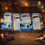 Wizard scavenger hunt invitations and certificates with magical design, spell theme, and fantasy illustrations for a kids wizard party