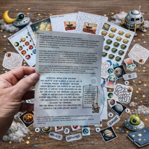Astronaut treasure hunt printable kit for kids with space themed clues and birthday party games