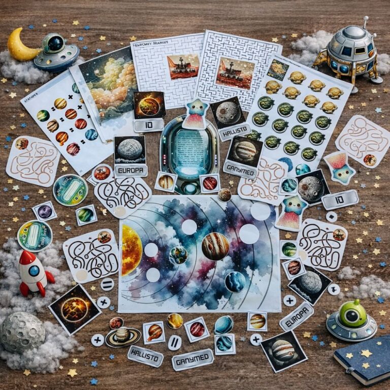 Space treasure hunt game for kids with solar system board, planet cards and printable activity sheets