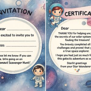 Cute space-themed invitation and certificate for an astronaut scavenger hunt, featuring cartoon child astronauts, planets, stars, and a cosmic blue-purple background. The invitation includes fill-in lines for name and address, while the certificate thanks children for completing space missions and finding the treasure. Perfect for kids’ space parties and treasure hunts.