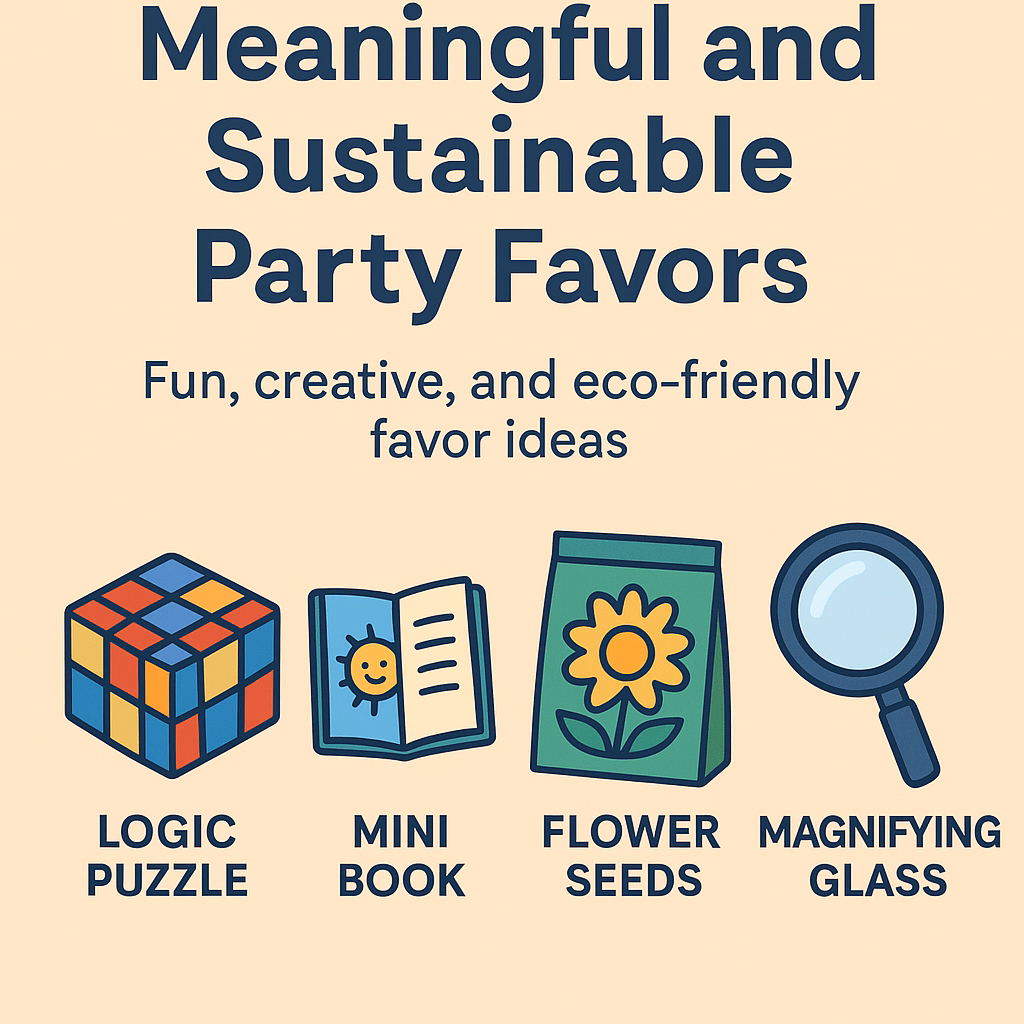 Illustration of sustainable kids’ party favors with icons such as a logic puzzle, mini book, flower seeds, and magnifying glass, titled “Meaningful and Sustainable Party Favors.”
