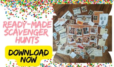 Colorful promo image showing ready-made scavenger hunts with printable detective clues, cards, and mystery tasks; perfect for quick and easy scavenger hunt adventures for kids.