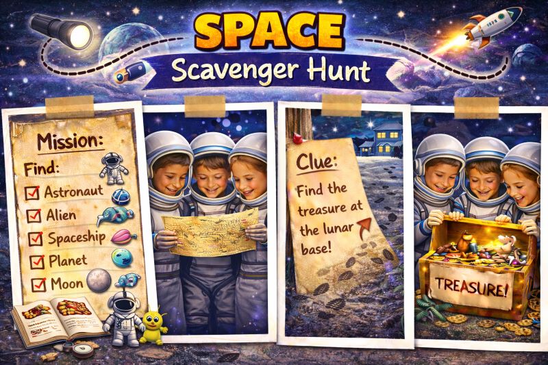 Landscape hero collage showing a space-themed scavenger hunt with children in astronaut costumes reading a treasure map, space mission checklist with planets and aliens, lunar clue scene, and treasure chest discovery under a starry galaxy sky