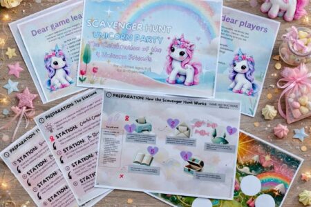 Printable unicorn scavenger hunt station cards and bonus activity sheets for kids party game