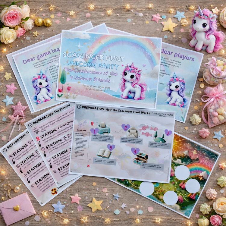 Printable unicorn scavenger hunt station cards and bonus activity sheets for kids party game