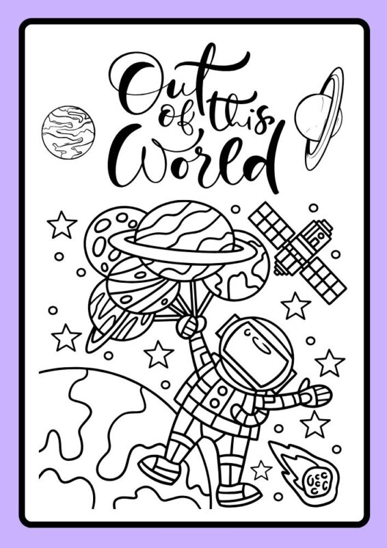 Space explorer coloring page with puzzles for kids