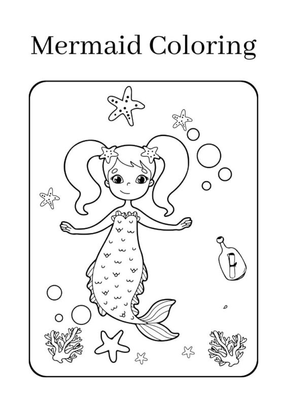 Mermaid with long hair coloring page for kids