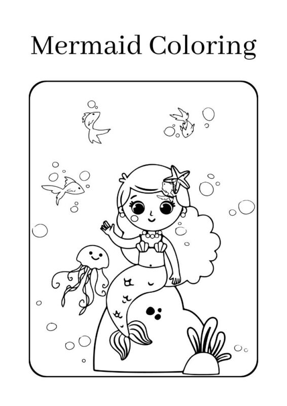 Friendly mermaid coloring book page for children
