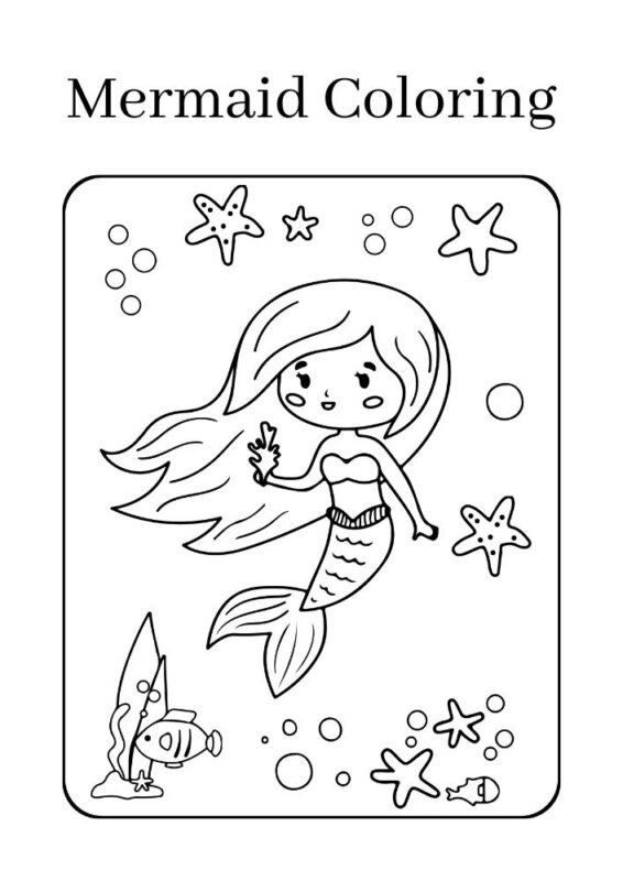 Easy mermaid coloring page for preschool kids