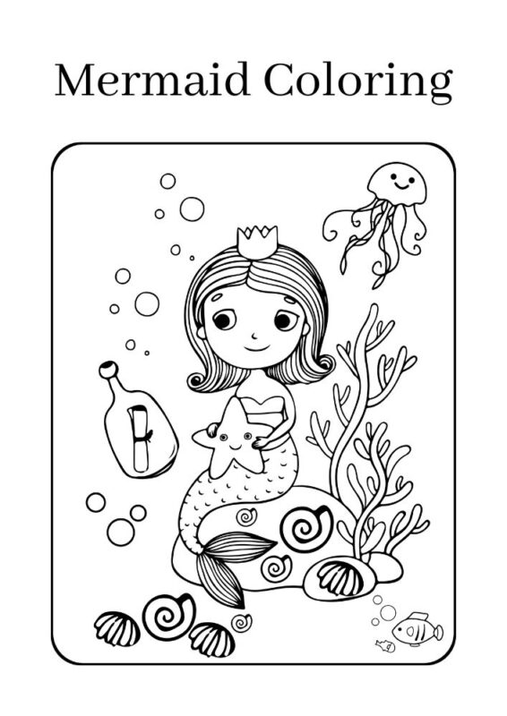 Cute mermaid coloring page with sea animals