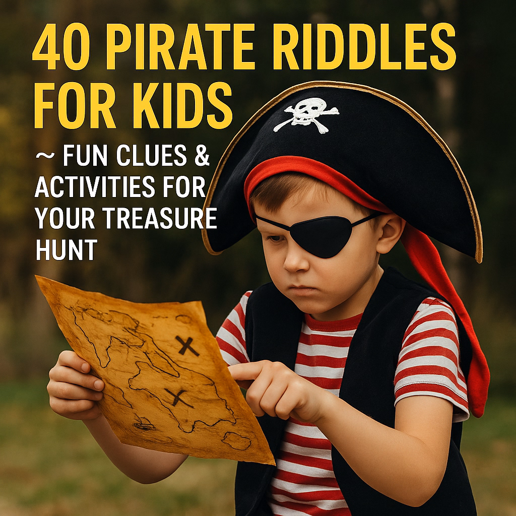 Young boy dressed as a pirate studying a treasure map during a kids’ pirate scavenger hunt, with text “40 Pirate Riddles for Kids – Fun Clues & Activities.”