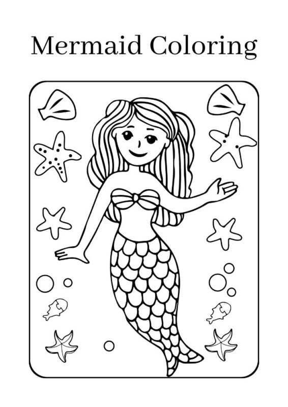 Mermaid with shell and coral coloring page