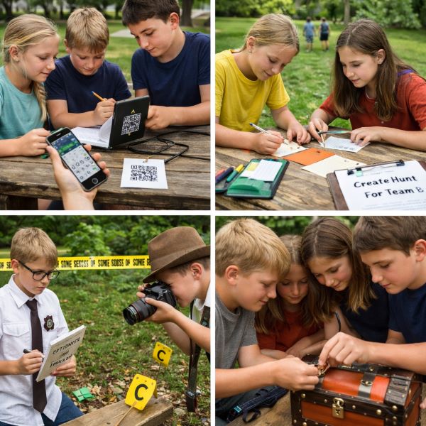 Twelve-year-old kids solving tech-powered scavenger hunt puzzles, creating their own challenge clues, role-playing detective mission, and unlocking final treasure chest outdoors