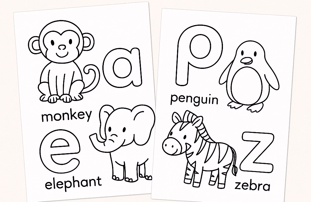 Illustrated title image for “Animal Alphabet Coloring Pages” showing black-and-white coloring sheets with monkey, elephant, penguin, and zebra for the letters A, E, P, and Z, designed as a free A–Z printable for kids.