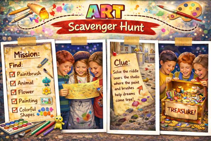 Landscape hero collage showing an art-themed scavenger hunt with children painting on canvases, colorful art supply checklist with brushes and paint tubes, creative clue card in a studio setting, and treasure chest filled with craft materials and bright colors