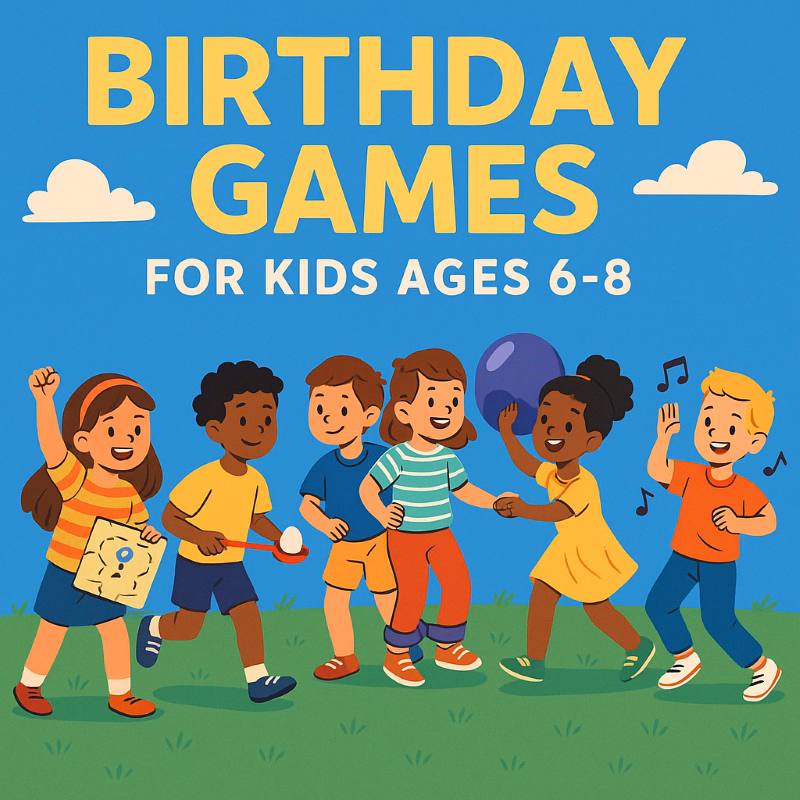 Colorful 2D illustration of children ages 6–8 playing birthday games outdoors, including scavenger hunt, egg-and-spoon race, balloon relay, and dancing, used as a title image for kids’ birthday party ideas.