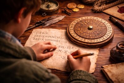 Child decoding a Caesar cipher using a cipher wheel and secret clue notes on a wooden table