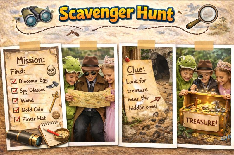 Landscape hero collage showing a costume-themed scavenger hunt with kids dressed as pirates, princesses, superheroes, and explorers, holding a checklist, following clues, and discovering a treasure chest outdoors